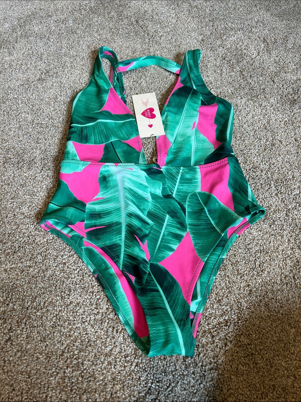 Buddy Love Tropical Leaf One-Piece Swimsuit - Green & Hot Pink - small